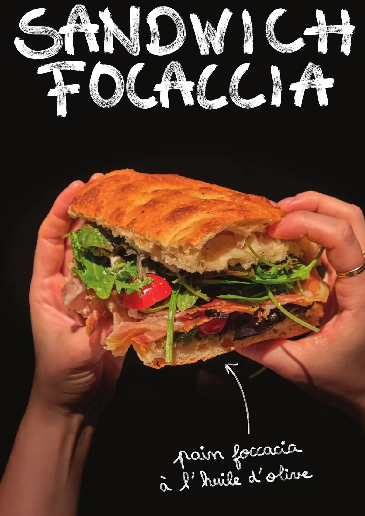 Affiche Sandwich focaccia. Pain focaccia à l'huile d'olive. Deux mains tiennent un sandwich garni de jambon cru, de roquette et de tomates.